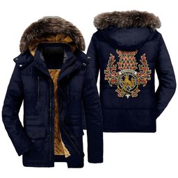 ScotsTee Shop Scottish MacPherson Ancient Clan Crest Scottish Thistle Tartan Faux Fur Hooded Parka Jacket
