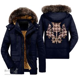 ScotsTee Shop Scottish MacPherson Hunting Modern Clan Scottish Thistle Tartan Faux Fur Hooded Parka Jacket