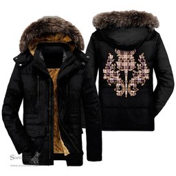 ScotsTee Shop Scottish MacPherson Hunting Modern Clan Scottish Thistle Tartan Faux Fur Hooded Parka Jacket