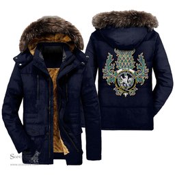 ScotsTee Shop Scottish Inglis Ancient Clan Crest Scottish Thistle Tartan Faux Fur Hooded Parka Jacket