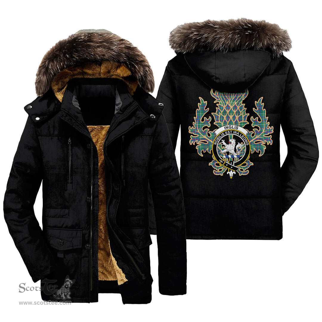 ScotsTee Shop Scottish Inglis Ancient Clan Crest Scottish Thistle Tartan Faux Fur Hooded Parka Jacket