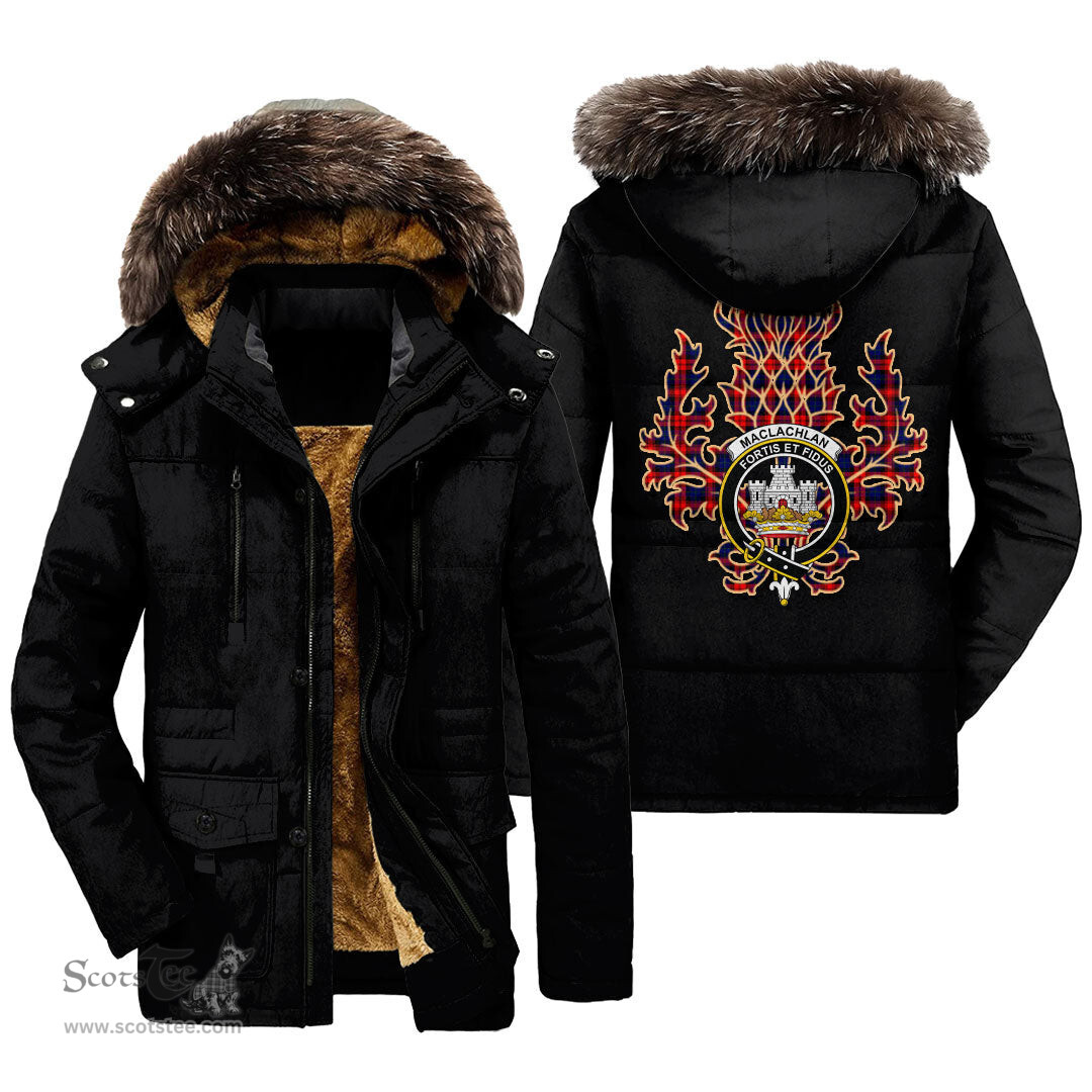 ScotsTee Shop Scottish MacLachlan Modern Clan Crest Scottish Thistle Tartan Faux Fur Hooded Parka Jacket