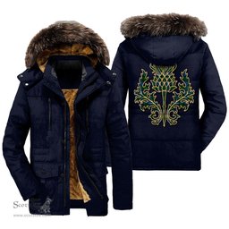 ScotsTee Shop Scottish MacKay Modern Clan Scottish Thistle Tartan Faux Fur Hooded Parka Jacket