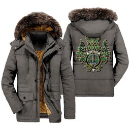 ScotsTee Shop Scottish MacArthur Ancient Clan Crest Scottish Thistle Tartan Faux Fur Hooded Parka Jacket