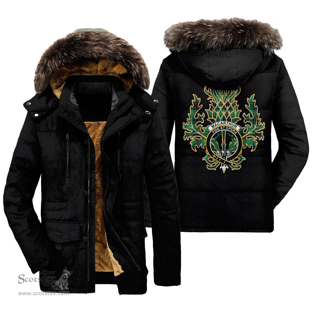 ScotsTee Shop Scottish MacArthur Ancient Clan Crest Scottish Thistle Tartan Faux Fur Hooded Parka Jacket