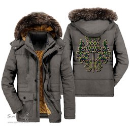 ScotsTee Shop Scottish Lockhart Modern Clan Scottish Thistle Tartan Faux Fur Hooded Parka Jacket