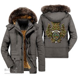 ScotsTee Shop Scottish Maxwell Hunting Clan Crest Scottish Thistle Tartan Faux Fur Hooded Parka Jacket