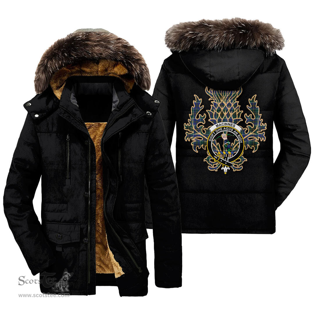 ScotsTee Shop Scottish MacInnes Modern Clan Crest Scottish Thistle Tartan Faux Fur Hooded Parka Jacket