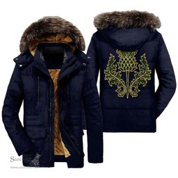 ScotsTee Shop Scottish MacAlpine Modern Clan Scottish Thistle Tartan Faux Fur Hooded Parka Jacket
