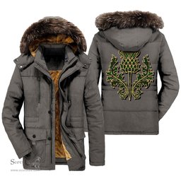 ScotsTee Shop Scottish MacAlpine Modern Clan Scottish Thistle Tartan Faux Fur Hooded Parka Jacket