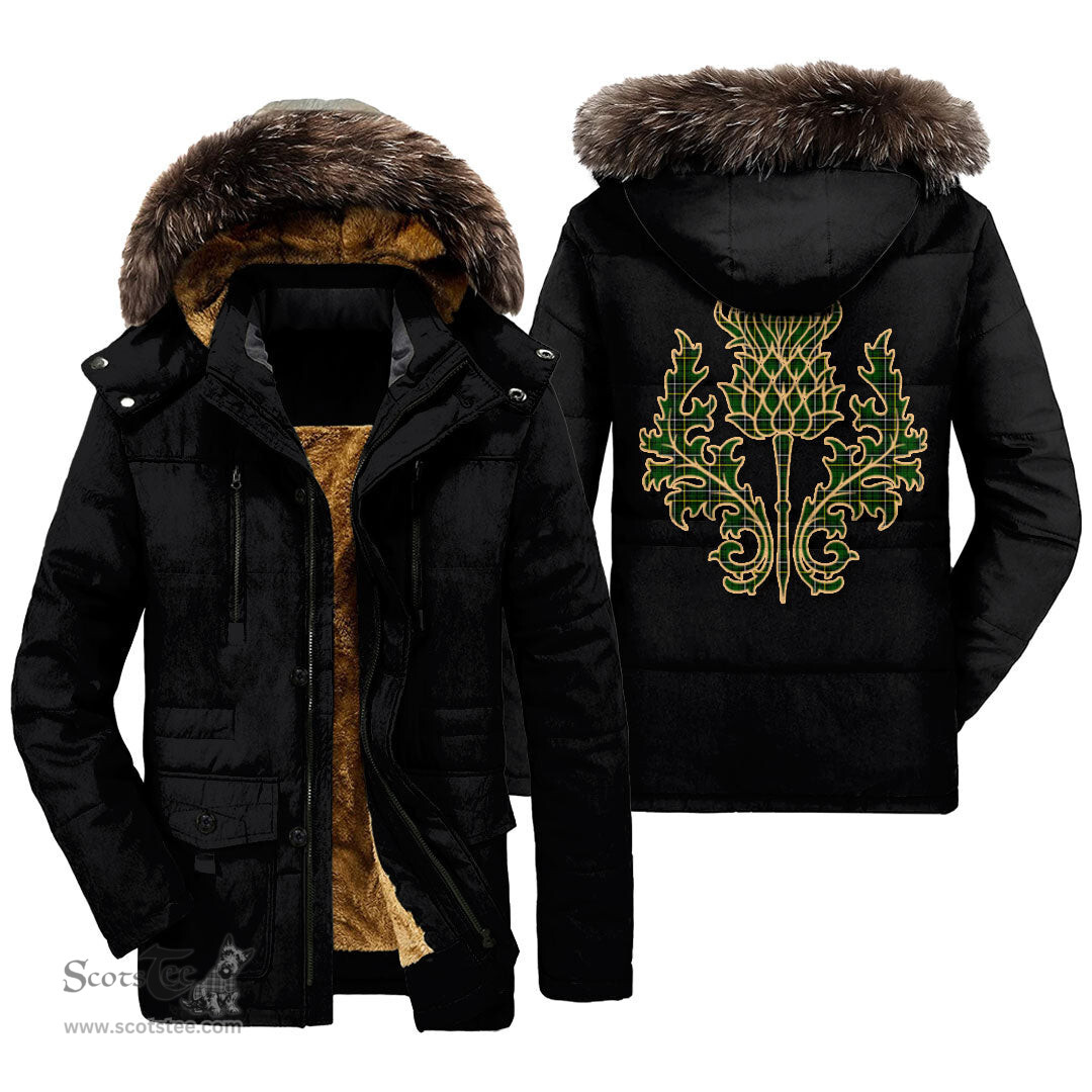 ScotsTee Shop Scottish MacAlpine Modern Clan Scottish Thistle Tartan Faux Fur Hooded Parka Jacket