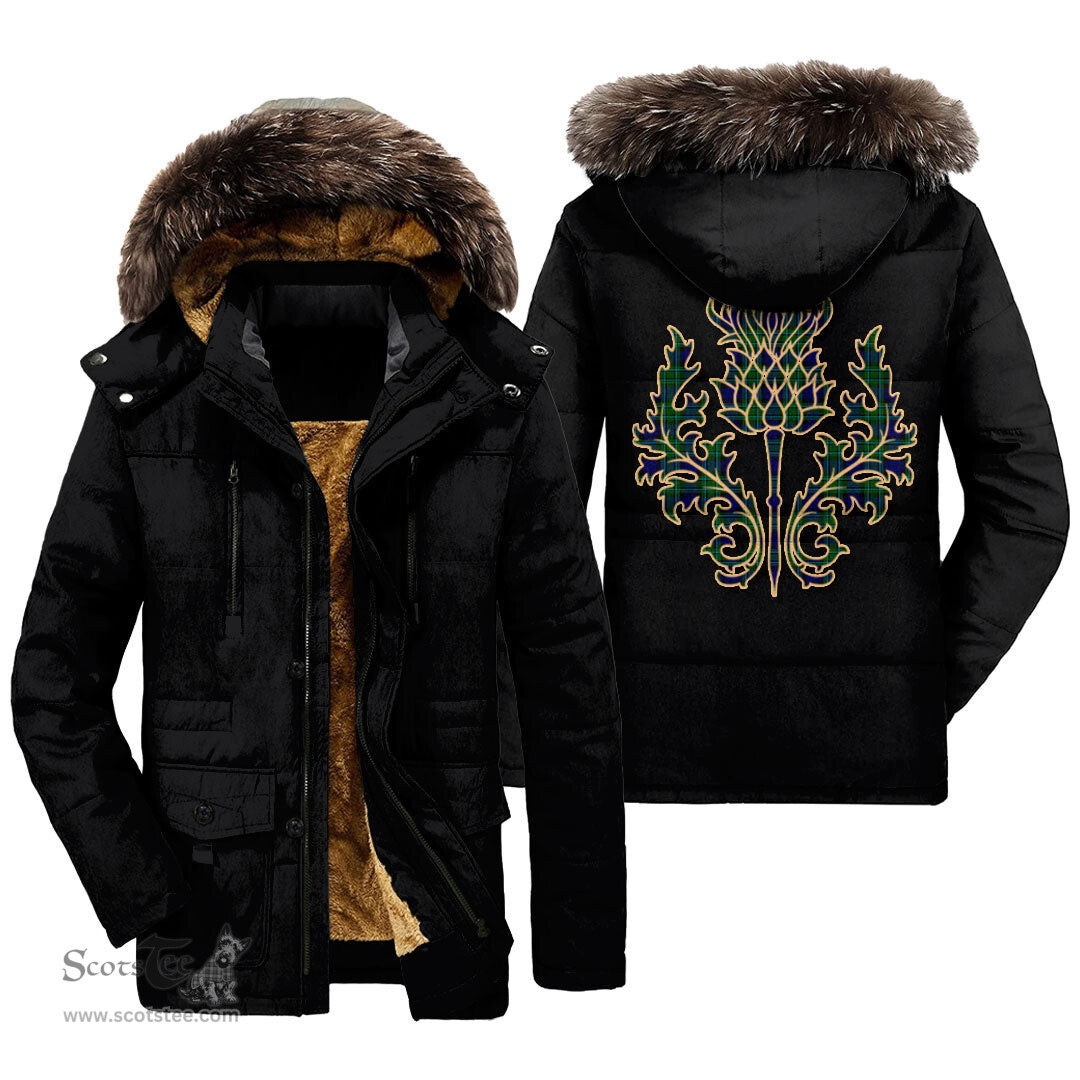 ScotsTee Shop Scottish MacCallum Modern Clan Scottish Thistle Tartan Faux Fur Hooded Parka Jacket