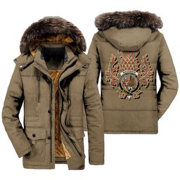 ScotsTee Shop Scottish MacKinnon Ancient Clan Crest Scottish Thistle Tartan Faux Fur Hooded Parka Jacket