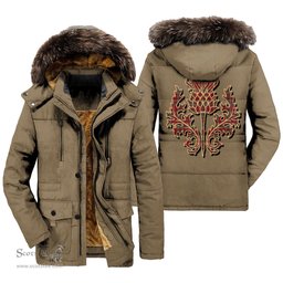 ScotsTee Shop Scottish Lindsay Weathered Clan Scottish Thistle Tartan Faux Fur Hooded Parka Jacket