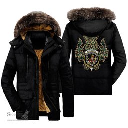 ScotsTee Shop Scottish MacAulay Hunting Ancient Clan Crest Scottish Thistle Tartan Faux Fur Hooded Parka Jacket