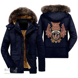 ScotsTee Shop Scottish MacRae Ancient Clan Crest Scottish Thistle Tartan Faux Fur Hooded Parka Jacket