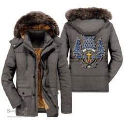 ScotsTee Shop Scottish Mercer Modern Clan Crest Scottish Thistle Tartan Faux Fur Hooded Parka Jacket