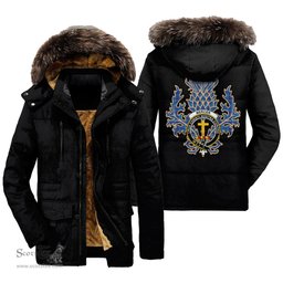 ScotsTee Shop Scottish Mercer Modern Clan Crest Scottish Thistle Tartan Faux Fur Hooded Parka Jacket