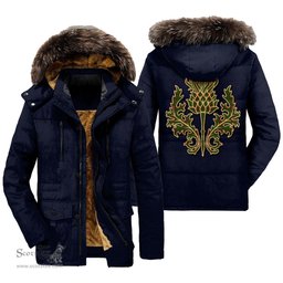 ScotsTee Shop Scottish Maxwell Hunting Clan Scottish Thistle Tartan Faux Fur Hooded Parka Jacket