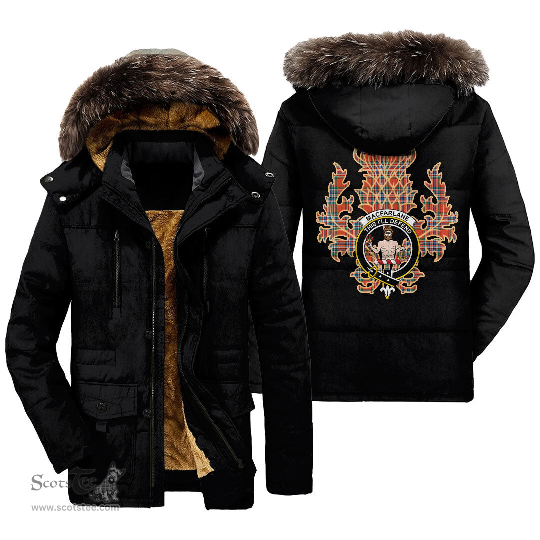 ScotsTee Shop Scottish MacFarlane Ancient Clan Crest Scottish Thistle Tartan Faux Fur Hooded Parka Jacket