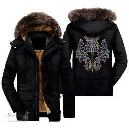 ScotsTee Shop Scottish Hamilton Hunting Modern Clan Scottish Thistle Tartan Faux Fur Hooded Parka Jacket