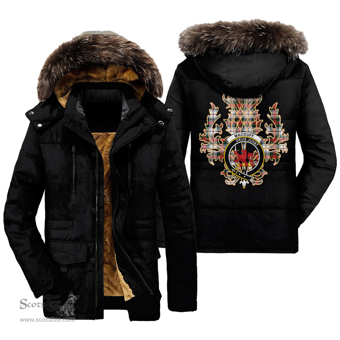 ScotsTee Shop Scottish MacDuff Dress Modern Clan Crest Scottish Thistle Tartan Faux Fur Hooded Parka Jacket