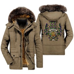 ScotsTee Shop Scottish MacThomas Modern Clan Crest Scottish Thistle Tartan Faux Fur Hooded Parka Jacket