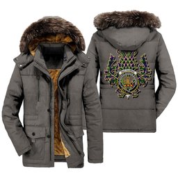 ScotsTee Shop Scottish MacThomas Modern Clan Crest Scottish Thistle Tartan Faux Fur Hooded Parka Jacket
