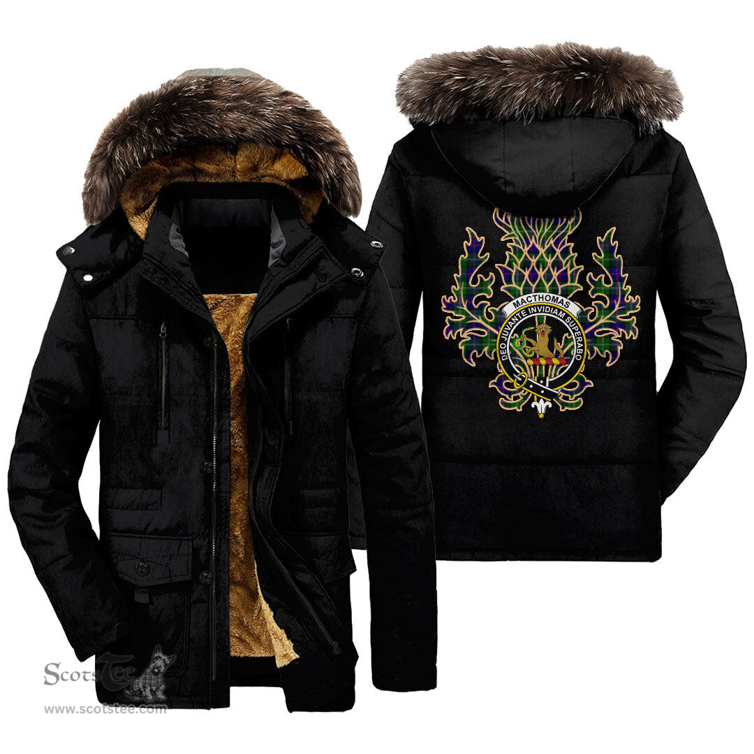 ScotsTee Shop Scottish MacThomas Modern Clan Crest Scottish Thistle Tartan Faux Fur Hooded Parka Jacket