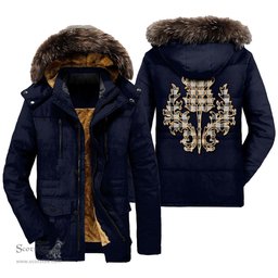 ScotsTee Shop Scottish MacFarlane Black White Clan Scottish Thistle Tartan Faux Fur Hooded Parka Jacket