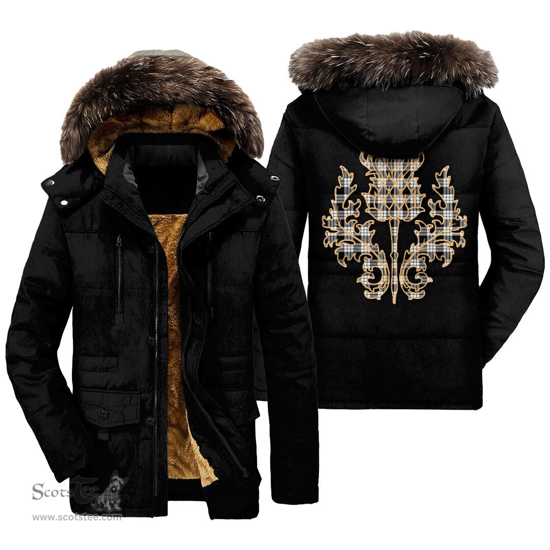 ScotsTee Shop Scottish MacFarlane Black White Clan Scottish Thistle Tartan Faux Fur Hooded Parka Jacket