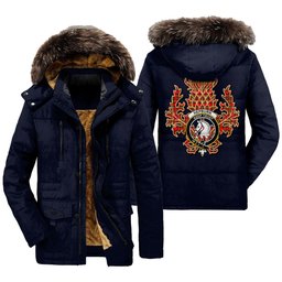ScotsTee Shop Scottish Hepburn Clan Crest Scottish Thistle Tartan Faux Fur Hooded Parka Jacket