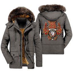 ScotsTee Shop Scottish Hepburn Clan Crest Scottish Thistle Tartan Faux Fur Hooded Parka Jacket