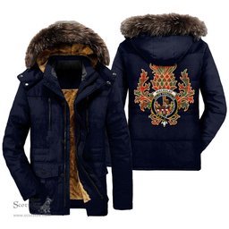 ScotsTee Shop Scottish MacAulay Ancient Clan Crest Scottish Thistle Tartan Faux Fur Hooded Parka Jacket