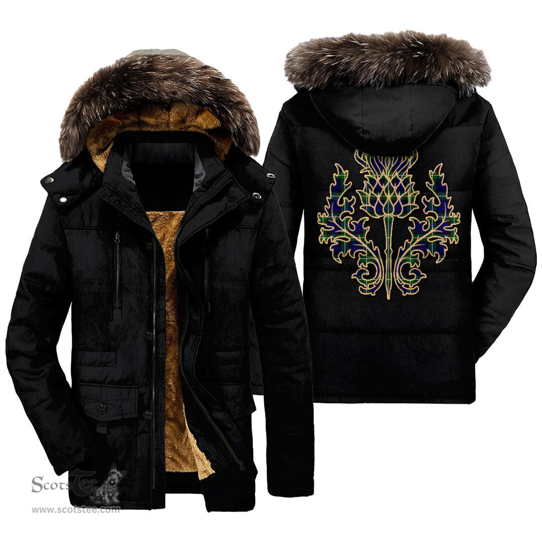 ScotsTee Shop Scottish Lamont Modern Clan Scottish Thistle Tartan Faux Fur Hooded Parka Jacket