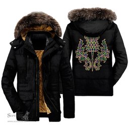 ScotsTee Shop Scottish Logan Ancient Clan Scottish Thistle Tartan Faux Fur Hooded Parka Jacket
