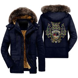 ScotsTee Shop Scottish MacDonald of the Isles Hunting Modern Clan Crest Scottish Thistle Tartan Faux Fur Hooded Parka Jacket