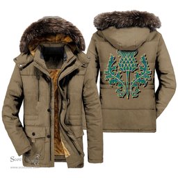 ScotsTee Shop Scottish Irvine Ancient Clan Scottish Thistle Tartan Faux Fur Hooded Parka Jacket