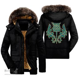 ScotsTee Shop Scottish Irvine Ancient Clan Scottish Thistle Tartan Faux Fur Hooded Parka Jacket