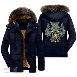 ScotsTee Shop Scottish Oliphant Ancient Clan Crest Scottish Thistle Tartan Faux Fur Hooded Parka Jacket