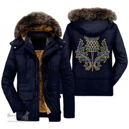 ScotsTee Shop Scottish Strachan Clan Scottish Thistle Tartan Faux Fur Hooded Parka Jacket