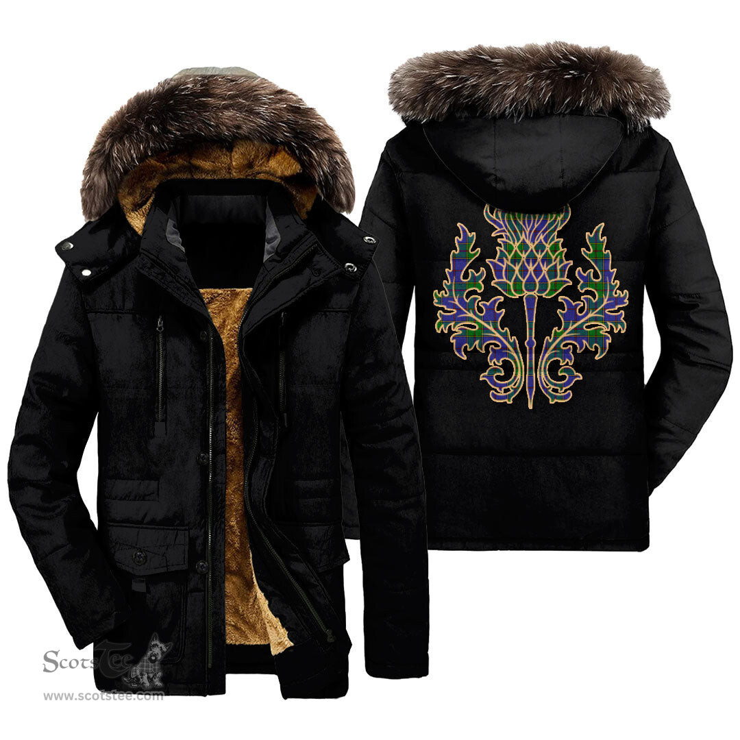 ScotsTee Shop Scottish Strachan Clan Scottish Thistle Tartan Faux Fur Hooded Parka Jacket