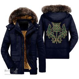 ScotsTee Shop Scottish Ross Hunting Modern Clan Scottish Thistle Tartan Faux Fur Hooded Parka Jacket