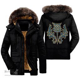ScotsTee Shop Scottish Smith Ancient Clan Scottish Thistle Tartan Faux Fur Hooded Parka Jacket