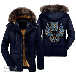 ScotsTee Shop Scottish Ramsay Blue Ancient Clan Scottish Thistle Tartan Faux Fur Hooded Parka Jacket