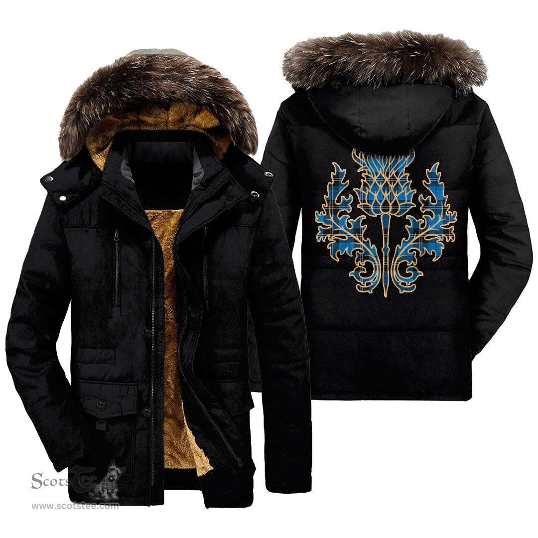 ScotsTee Shop Scottish Ramsay Blue Ancient Clan Scottish Thistle Tartan Faux Fur Hooded Parka Jacket