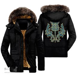 ScotsTee Shop Scottish Oliphant Ancient Clan Scottish Thistle Tartan Faux Fur Hooded Parka Jacket