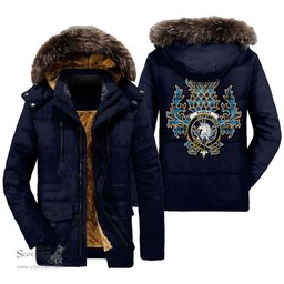 ScotsTee Shop Scottish Ramsay Blue Ancient Clan Crest Scottish Thistle Tartan Faux Fur Hooded Parka Jacket