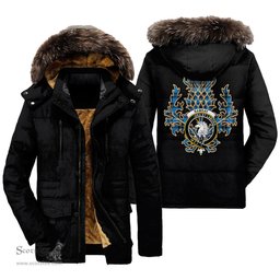 ScotsTee Shop Scottish Ramsay Blue Ancient Clan Crest Scottish Thistle Tartan Faux Fur Hooded Parka Jacket