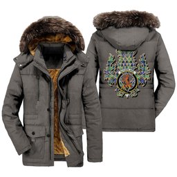 ScotsTee Shop Scottish Sutherland Old Ancient Clan Crest Scottish Thistle Tartan Faux Fur Hooded Parka Jacket